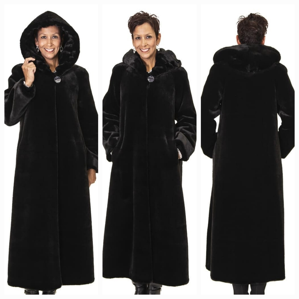 Nuage Full Length Black Faux Fur Sheared Beaver Hooded Coat : Size 1X / 18